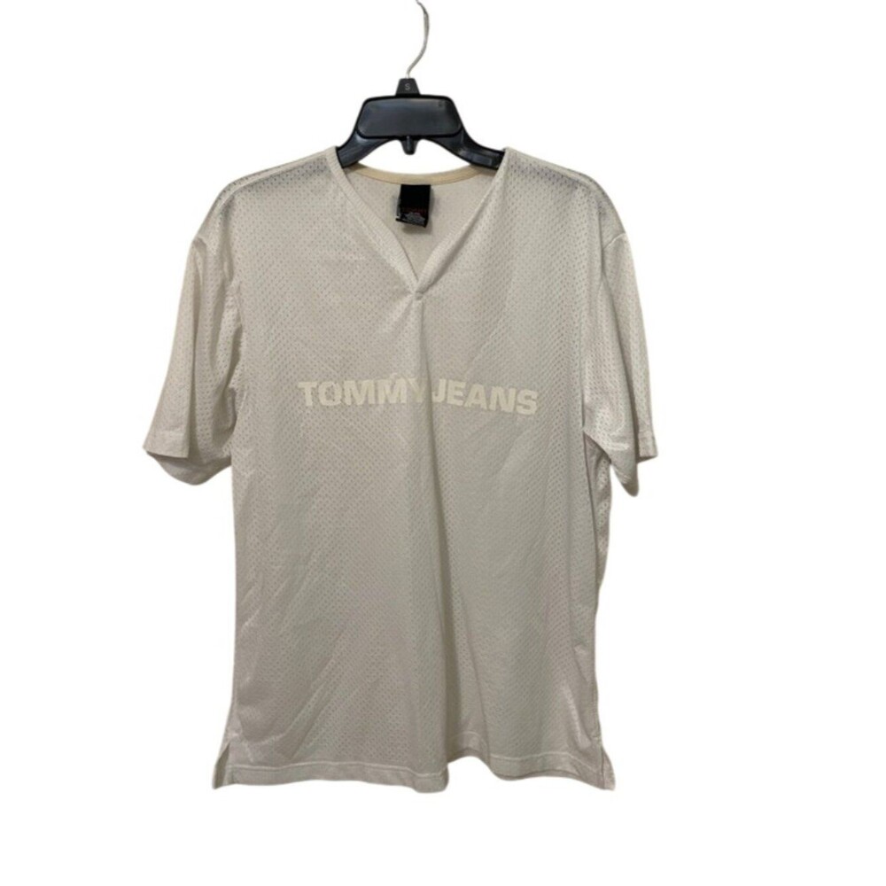 VTG Tommy Jeans Mesh Jersey Shirt Men's L White Y2K Spellout V-Neck Streetwear